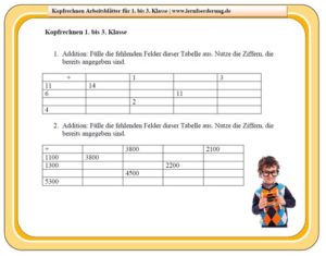 Kopfrechnen Arbeitsblatt 1. bis 3. Klasse