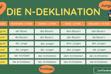 Männliche Lebewesen, die im Nominativ Singular auf „-e“ enden. Beispiele: der Affe, der Junge, der Kollege Nationalitäten auf die Endung „-e“ Beispiele: der Ire, der Deutsche, der Türke Ein Teil der männlichen Substantive, die Lebewesen bezeichnen Beispiele: der Bär, der Nachbar, der Bauer Fremdwörter, meist Berufsbezeichnungen oder Ämter auf folgende Endungen: „-ant“, „-and“„-ent“, „-ist“, „-at“, „-oge“, „-graf“ Beispiele: der Student, der Protagonist, der Fotograf