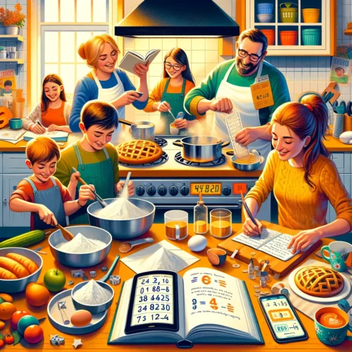 Dieses lebhafte Bild zeigt die Freude und das Teamwork in der Küche, während mathematische Konzepte wie Brüche und Verhältnisse auf spielerische Weise angewendet werden.