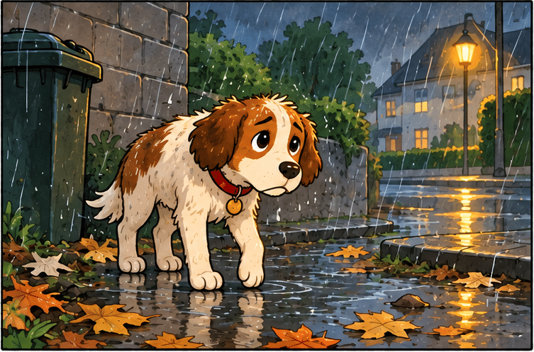 Bildergeschichte Hund Bild 3: Der Hund steht allein im Regen
