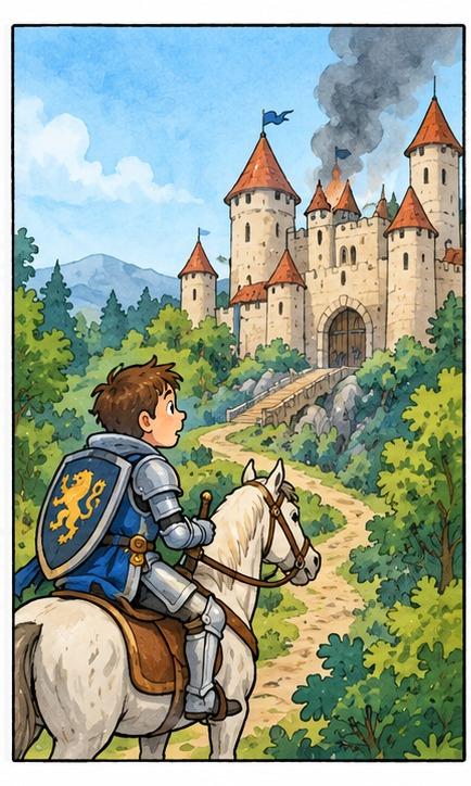 Bildergeschichte Ritter und Drache Bild 1: Ein Ritter reitet zu einer Burg