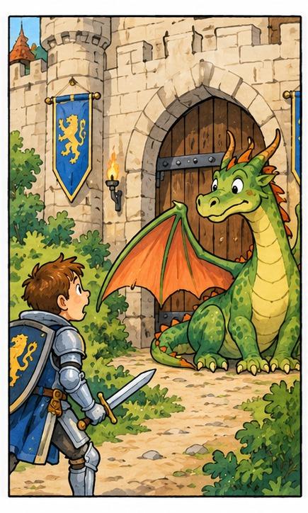 Bildergeschichte Ritter und Drache Bild 2: Der Ritter begegnet vor der Burg einem Drachen