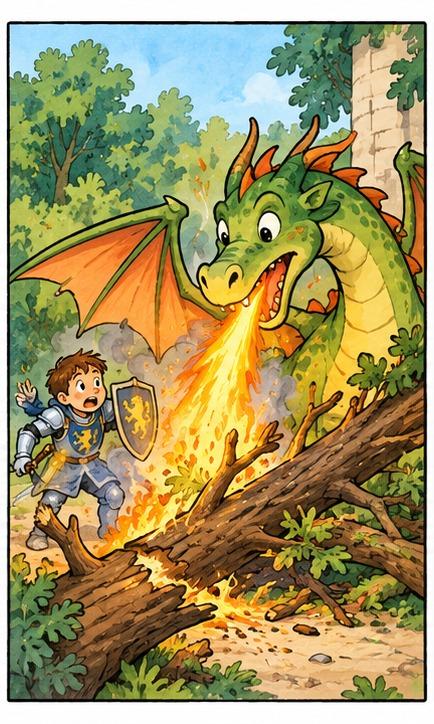 Bildergeschichte Ritter und Drache Bild 3: Die Begegnung zwischen Ritter und Drache wird gefährlich