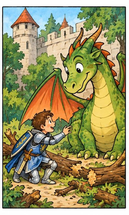 Bildergeschichte Ritter und Drache Bild 4: Ritter und Drache freunden sich an