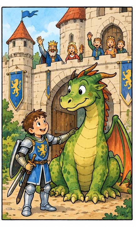 Bildergeschichte Ritter und Drache Bild 5: Ritter und Drache werden an der Burg freundlich empfangen